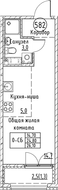 Планировка — Кронунг Юг, Студия, 25 м²
