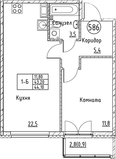 Планировка — Кронунг Юг, 2-комн., 43 м²