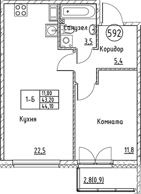 Планировка — Кронунг Юг, 2-комн., 43 м²