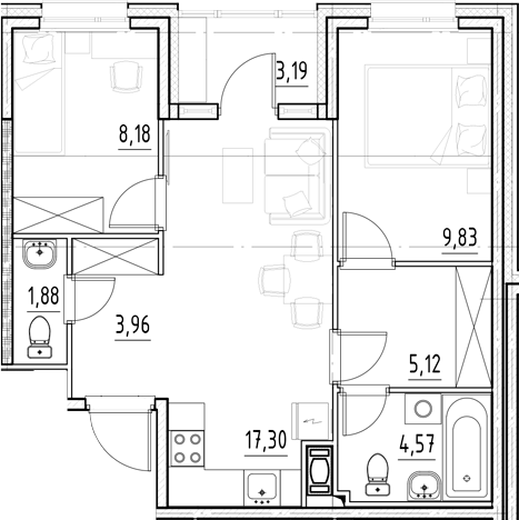 Планировка — Нигилист, 3-комн., 51 м²