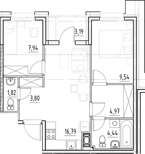 Планировка — Нигилист, 3-комн., 49 м²