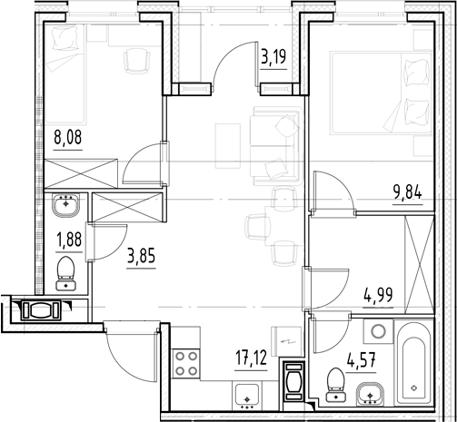 Планировка — Нигилист, 3-комн., 50 м²