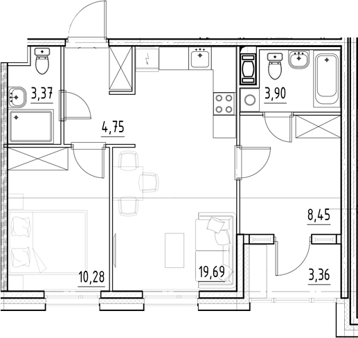 Планировка — Нигилист, 3-комн., 50 м²