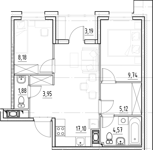 Планировка — Нигилист, 3-комн., 51 м²