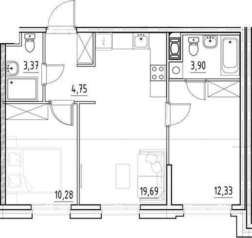 Планировка — Нигилист, 3-комн., 54 м²