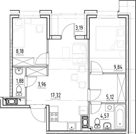 Планировка — Нигилист, 3-комн., 51 м²