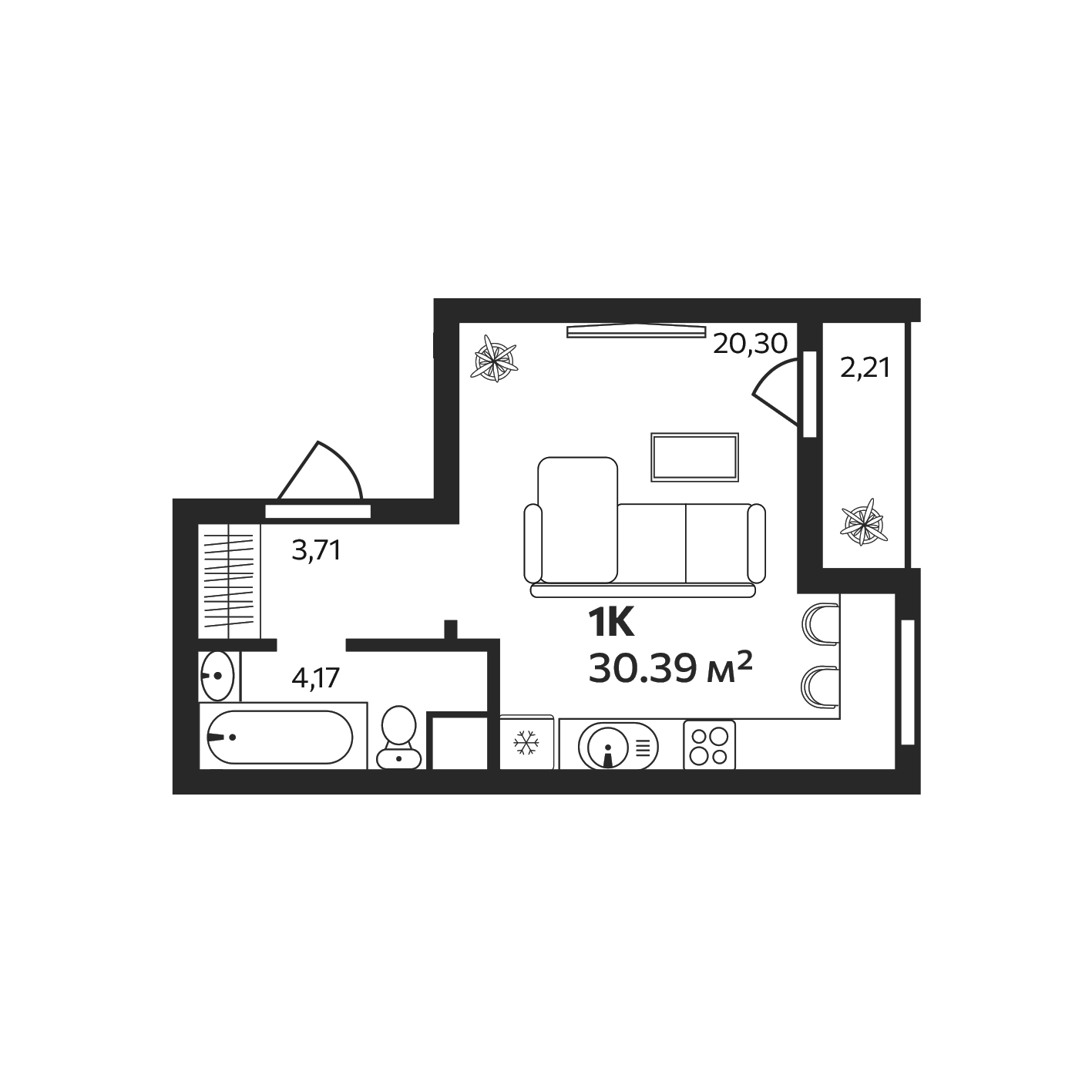 Планировка — Эдельвейс. Янино, Студия, 28 м²