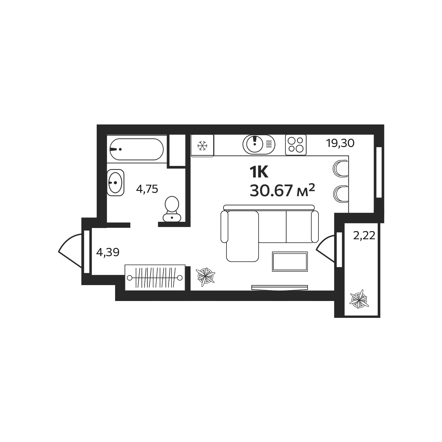 Планировка — Эдельвейс. Янино, Студия, 28 м²