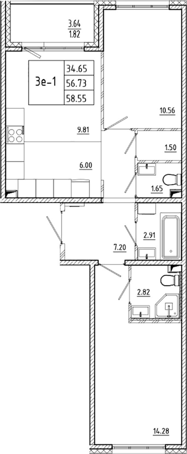 Планировка — ЛесART, 3-комн., 57 м²