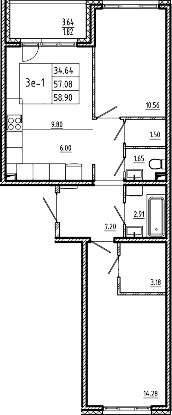 Планировка — ЛесART, 3-комн., 57 м²