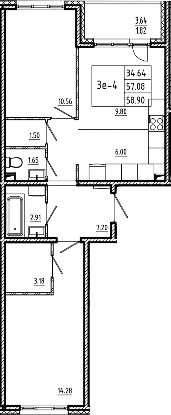Планировка — ЛесART, 3-комн., 57 м²