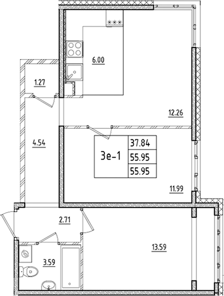 Планировка — ЛесART, 3-комн., 56 м²