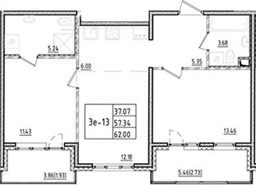 Планировка — ЛесART, 3-комн., 57 м²