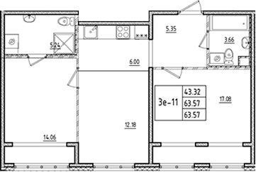 Планировка — ЛесART, 3-комн., 64 м²