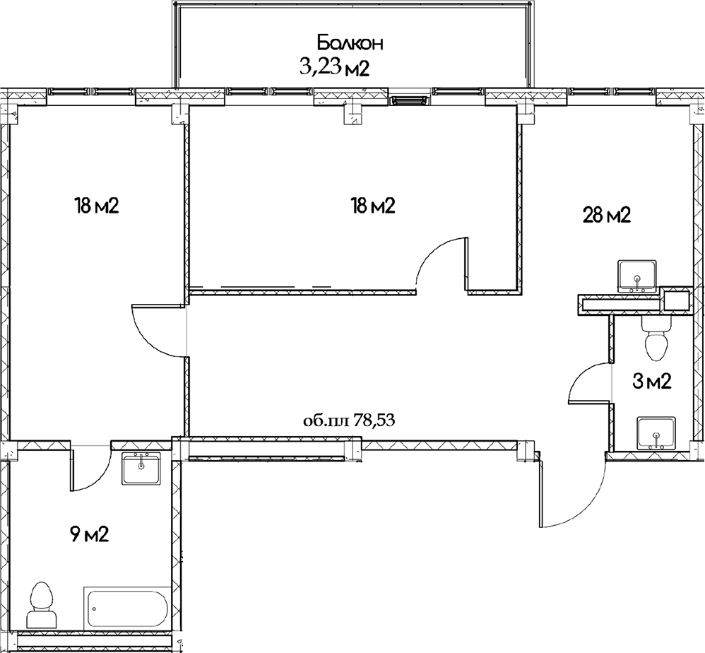 Планировка — Феникс, 2-комн., 75 м²