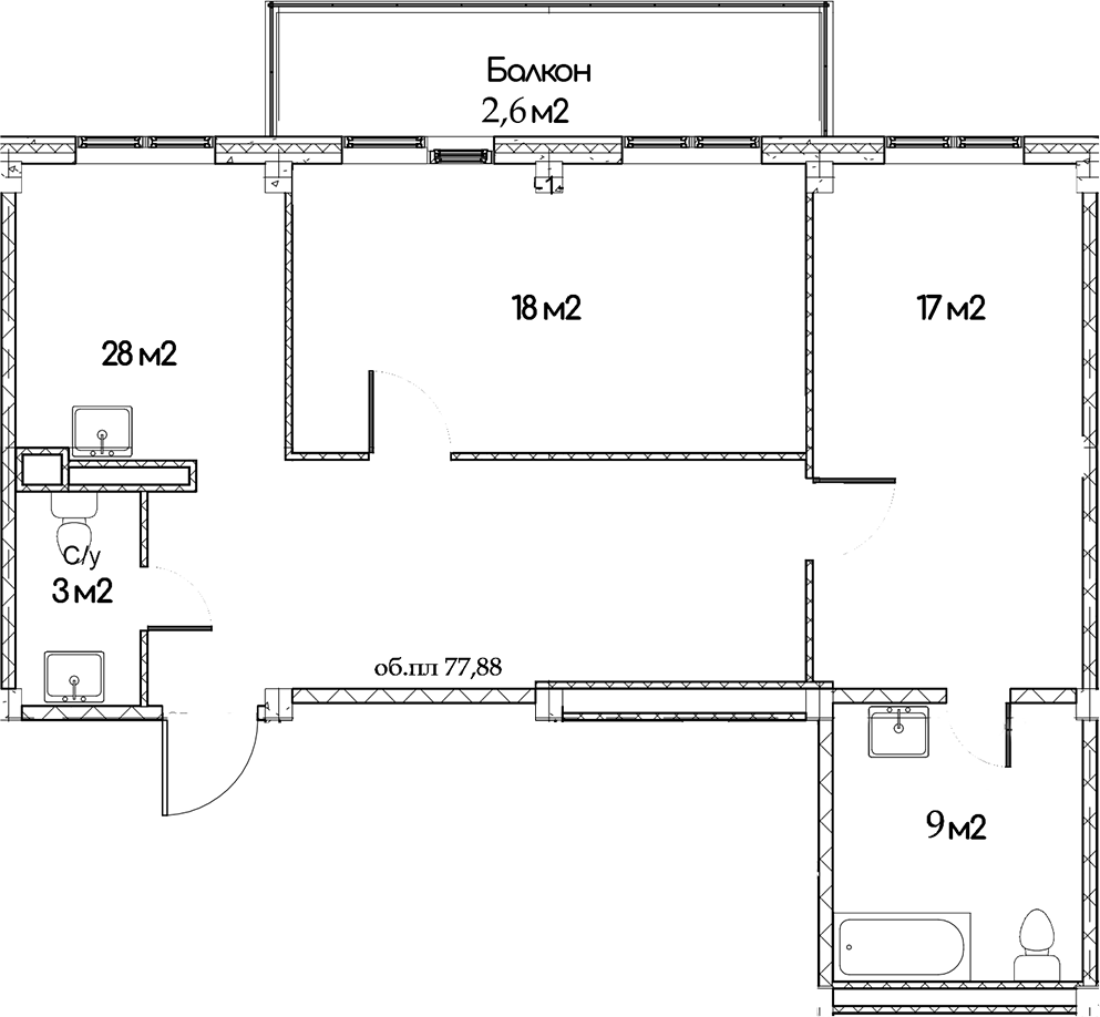 Планировка — Феникс, 2-комн., 75 м²