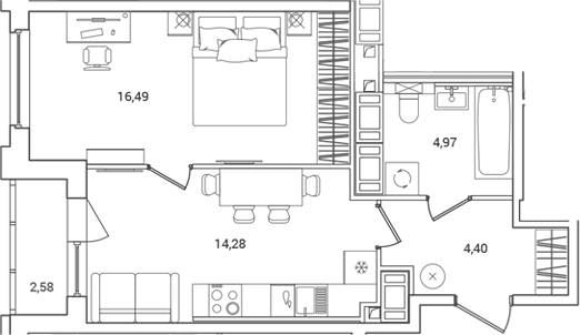 Планировка — OKLA, 1-комн., 40 м²
