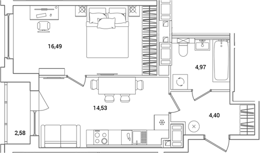 Планировка — OKLA, 1-комн., 40 м²