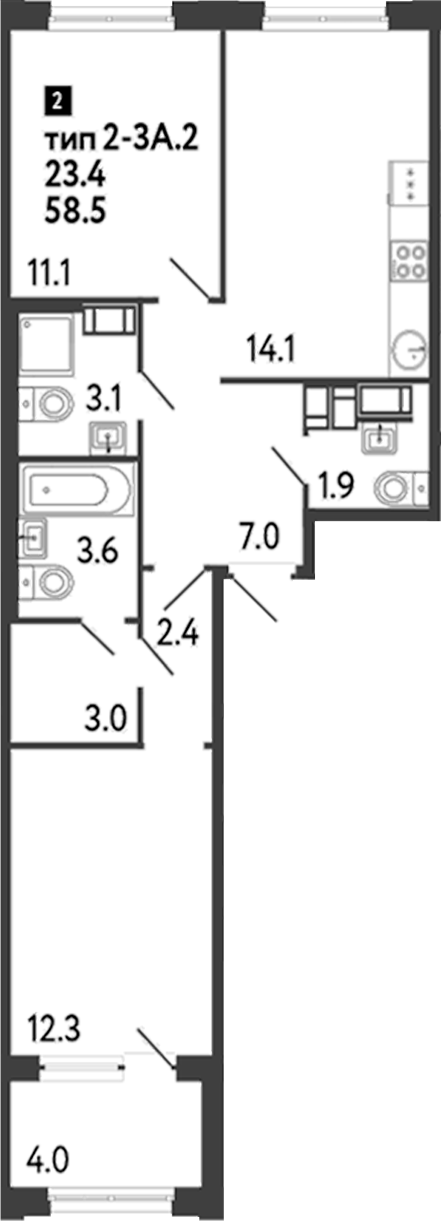 Планировка — Струны, 2-комн., 59 м²