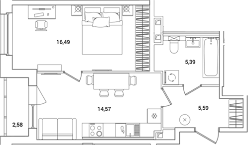 Планировка — OKLA, 1-комн., 42 м²