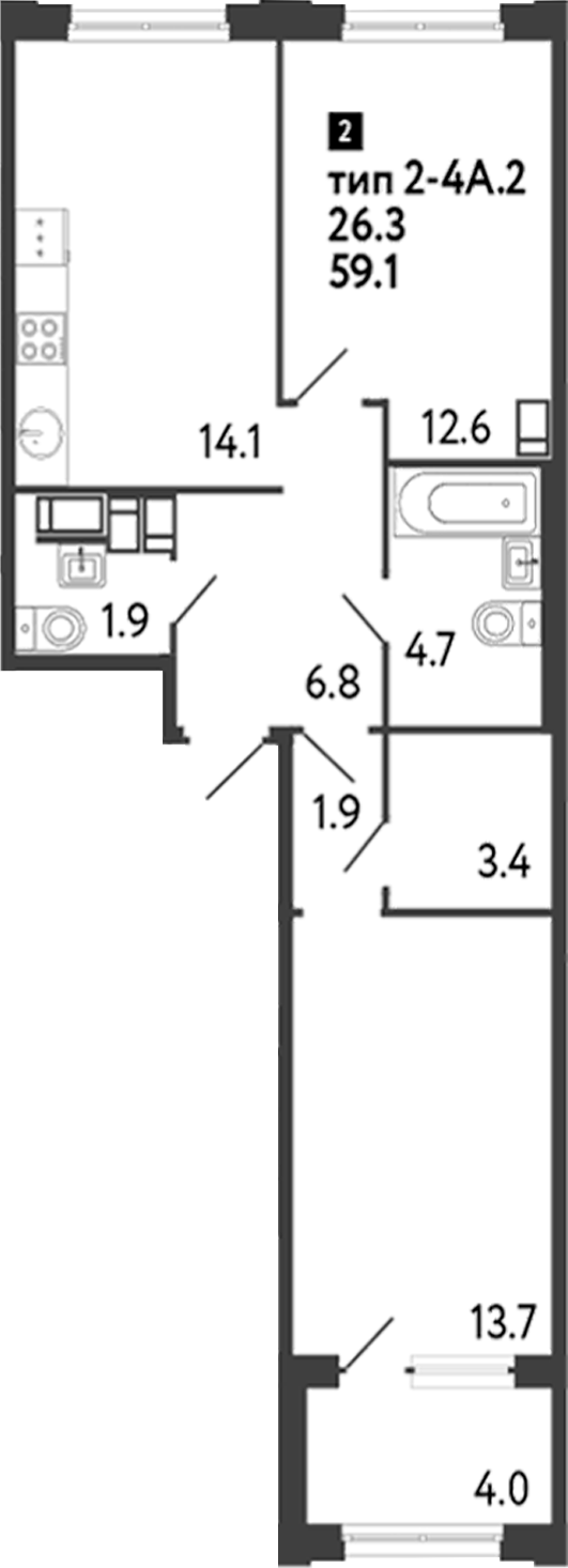Планировка — Струны, 2-комн., 59 м²