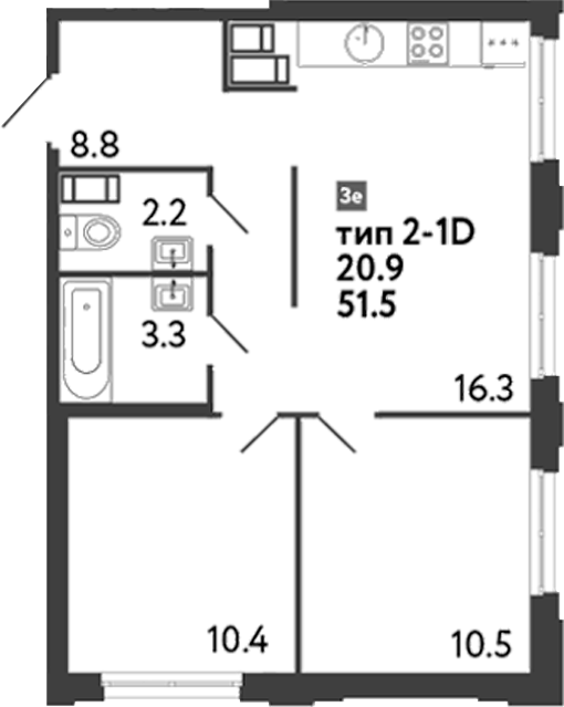 Планировка — Струны, 3-комн., 52 м²