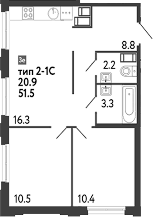 Планировка — Струны, 3-комн., 52 м²