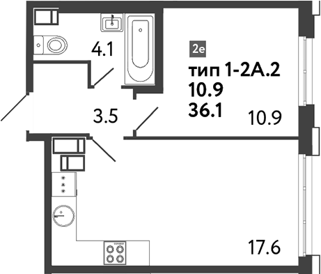 Планировка — Струны, 2-комн., 36 м²