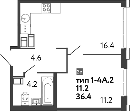 Планировка — Струны, 2-комн., 36 м²