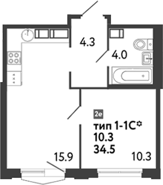 Планировка — Струны, 2-комн., 35 м²