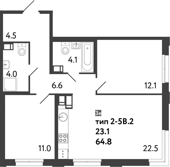 Планировка — Струны, 3-комн., 65 м²