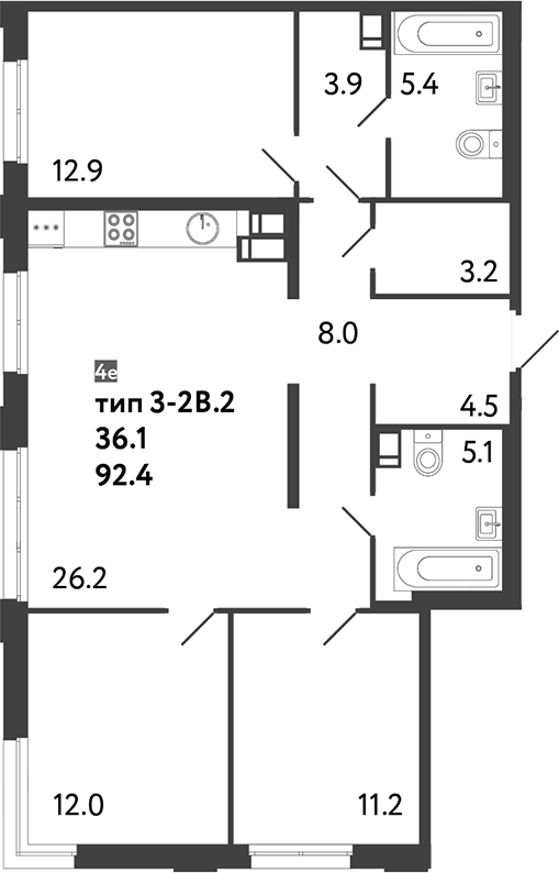Планировка — Струны, 4-комн., 92 м²