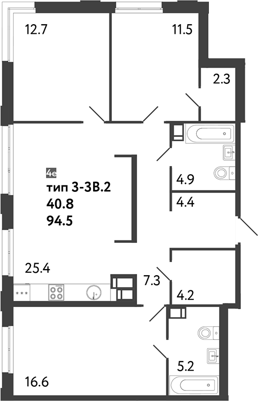 Планировка — Струны, 4-комн., 95 м²