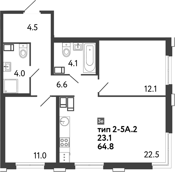 Планировка — Струны, 3-комн., 65 м²