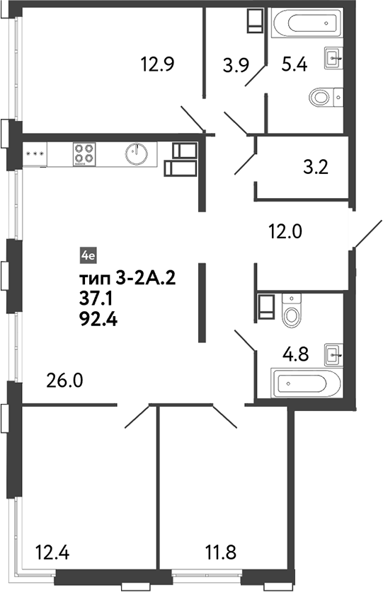 Планировка — Струны, 4-комн., 92 м²