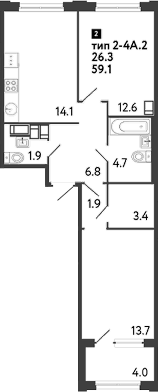 Планировка — Струны, 2-комн., 59 м²