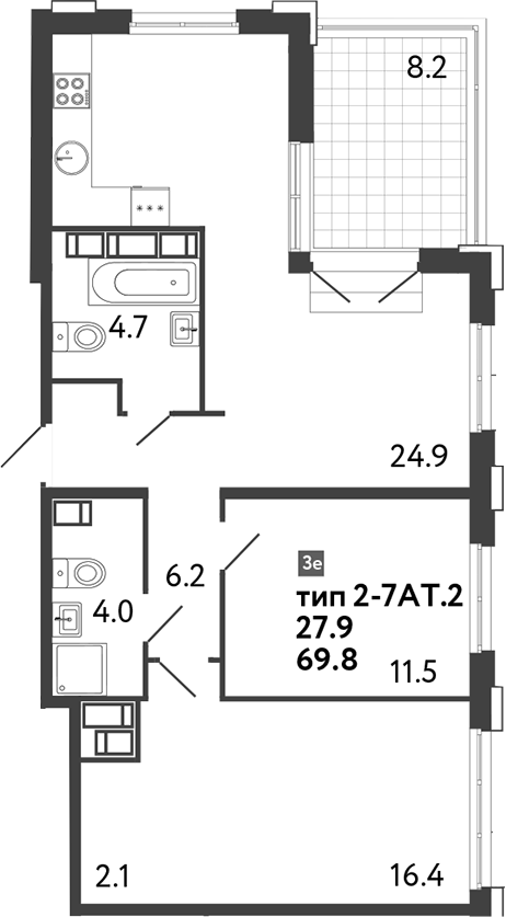 Планировка — Струны, 3-комн., 70 м²