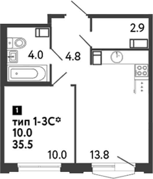 Планировка — Струны, 1-комн., 36 м²