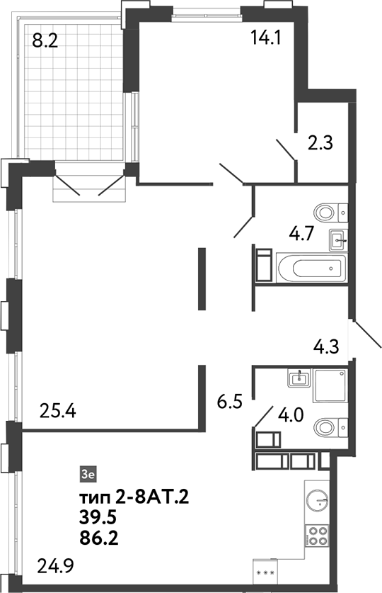 Планировка — Струны, 3-комн., 86 м²