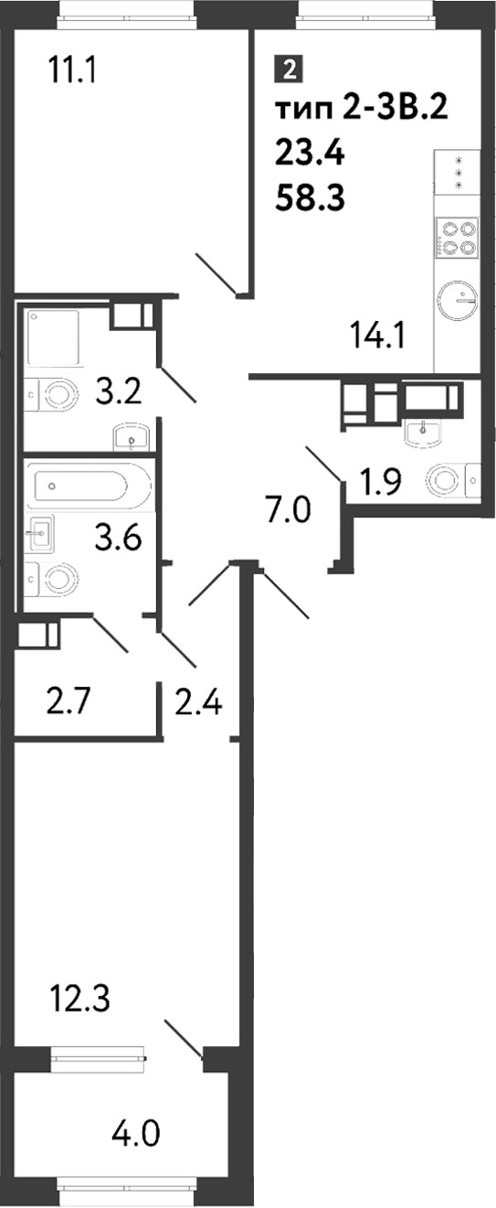 Планировка — Струны, 2-комн., 58 м²