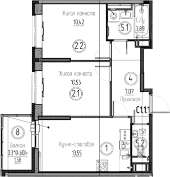 Планировка — Аквилон Верба, 2-комн., 47 м²