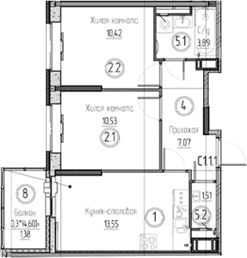 Планировка — Аквилон Верба, 2-комн., 47 м²