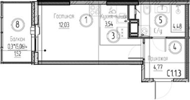 Планировка — Аквилон Верба, Студия, 25 м²
