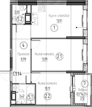Планировка — Аквилон Верба, 3-комн., 52 м²