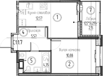 Планировка — Аквилон Верба, 1-комн., 33 м²