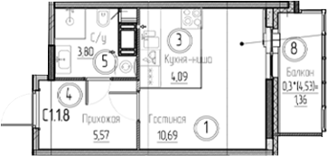 Планировка — Аквилон Верба, Студия, 24 м²