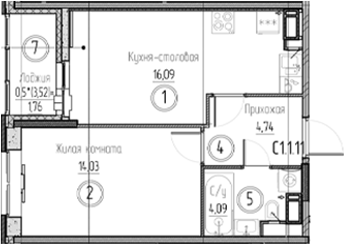 Планировка — Аквилон Верба, 2-комн., 39 м²