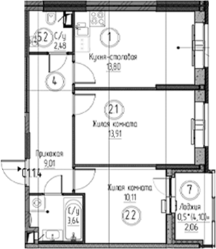 Планировка — Аквилон Верба, 3-комн., 53 м²