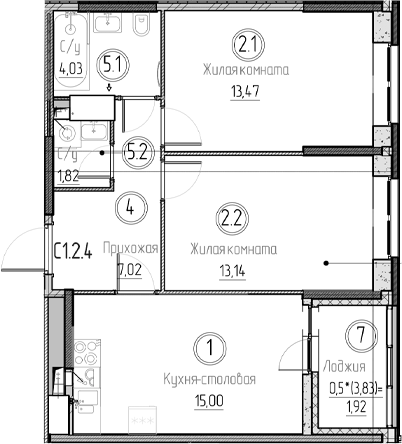 Планировка — Аквилон Верба, 3-комн., 54 м²