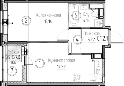 Планировка — Аквилон Верба, 2-комн., 37 м²